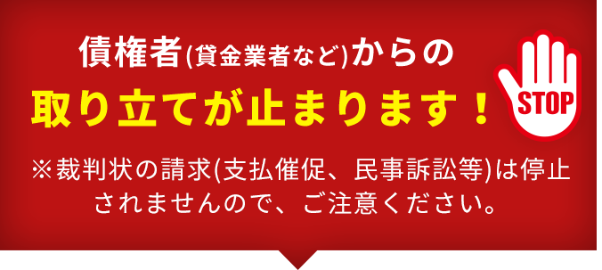 債権者(貸金業者など)からの取り立てが止まります!
